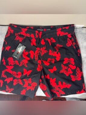 NWT Denim & Flower Ricky Singh Board Shorts  - Size Med - Black & Red Butterfly
